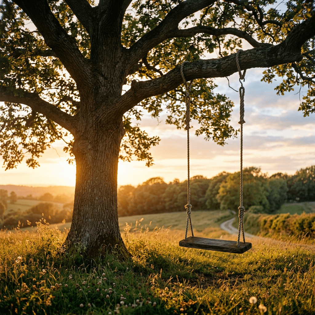 Wooden swing suspended from tree branch with sunset and countryside in background