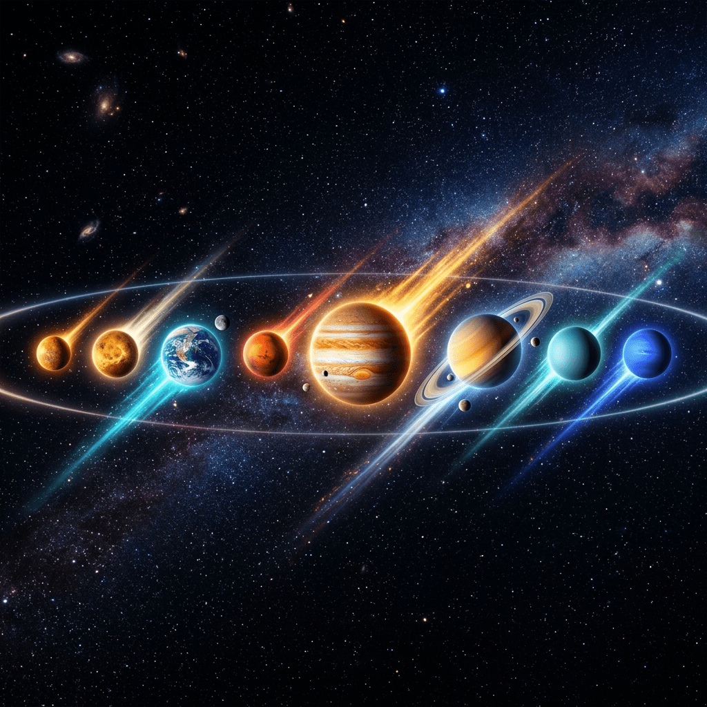 The nine planets of the Solar System aligned with colorful comet trails against a starry background