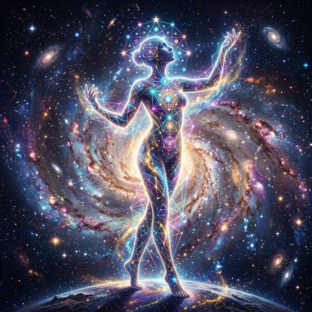 Cosmic female figure glowing with sacred geometry patterns standing on Earth with galaxy in background