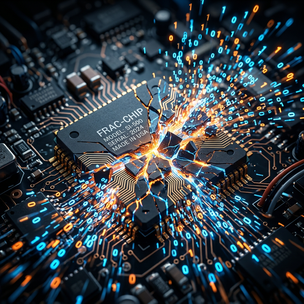 Cracked FRAC-CHIP releasing glowing binary code streams on black circuit board