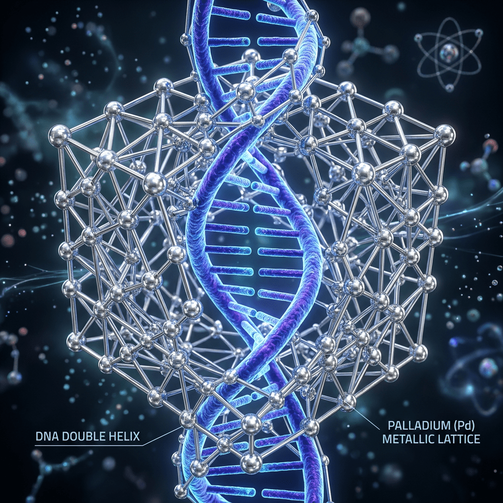 DNA double helix surrounded by palladium metallic lattice framework