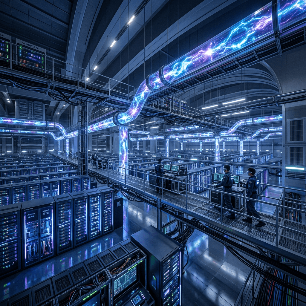 Technicians working at computer stations in a large data center with glowing energy conduits overhead