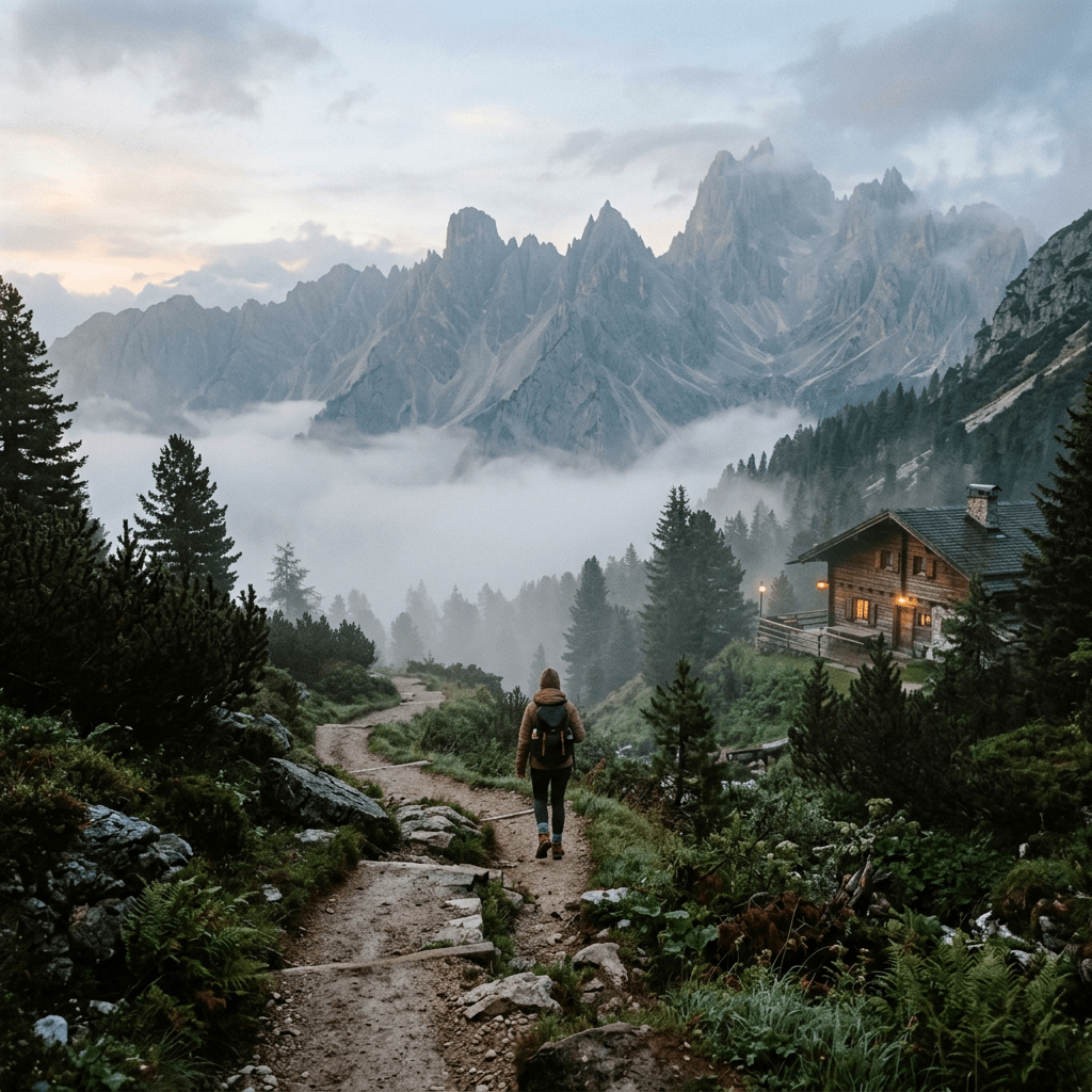 Hiker walking on a rocky mountain trail towards a wooden cabin surrounded by trees and mist