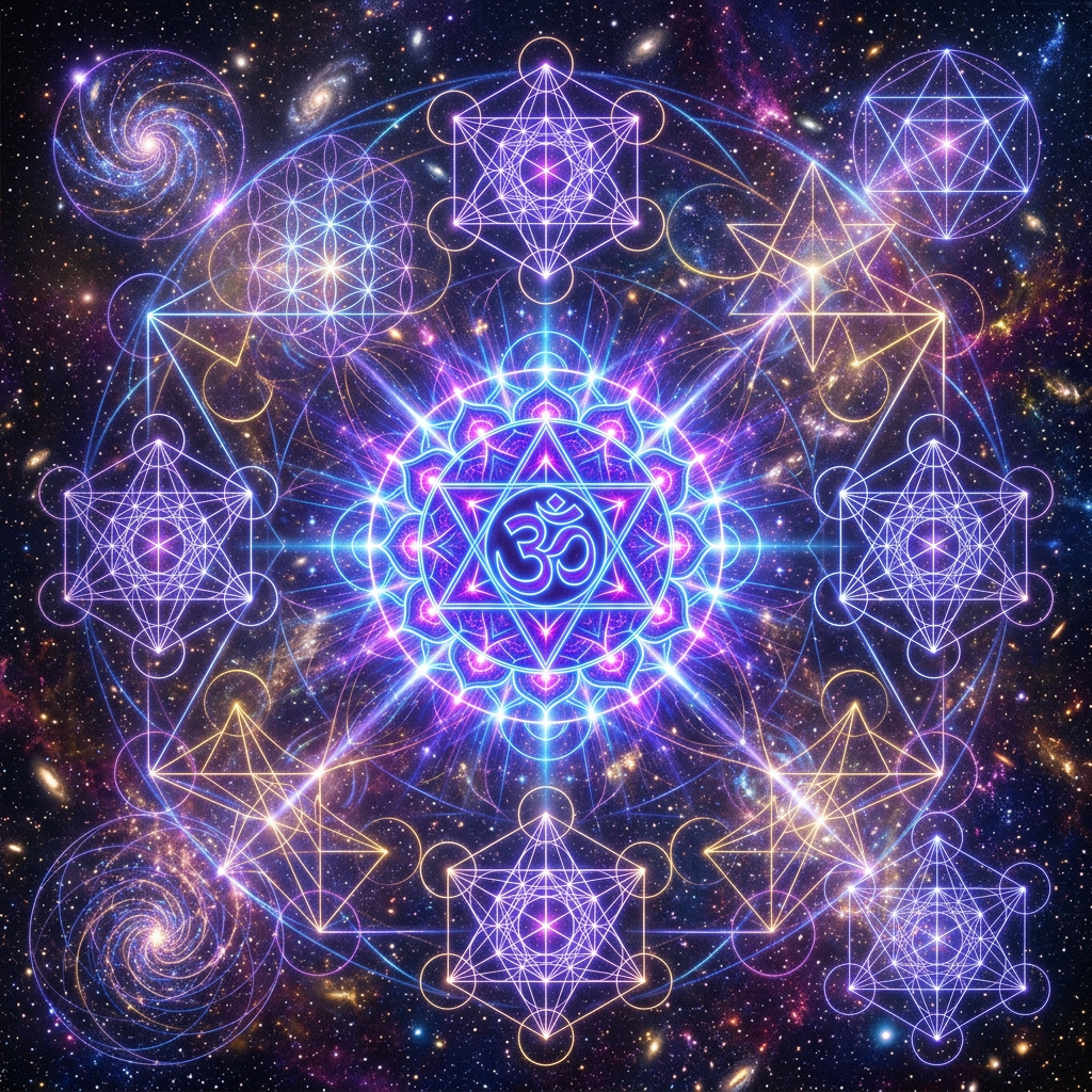 Cosmic mandala with glowing sacred geometry and Om symbol at center over starry background