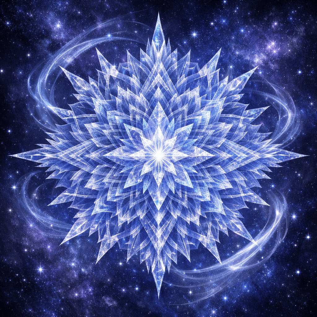 Detailed crystal mandala with layered geometric shapes against a purple starry background