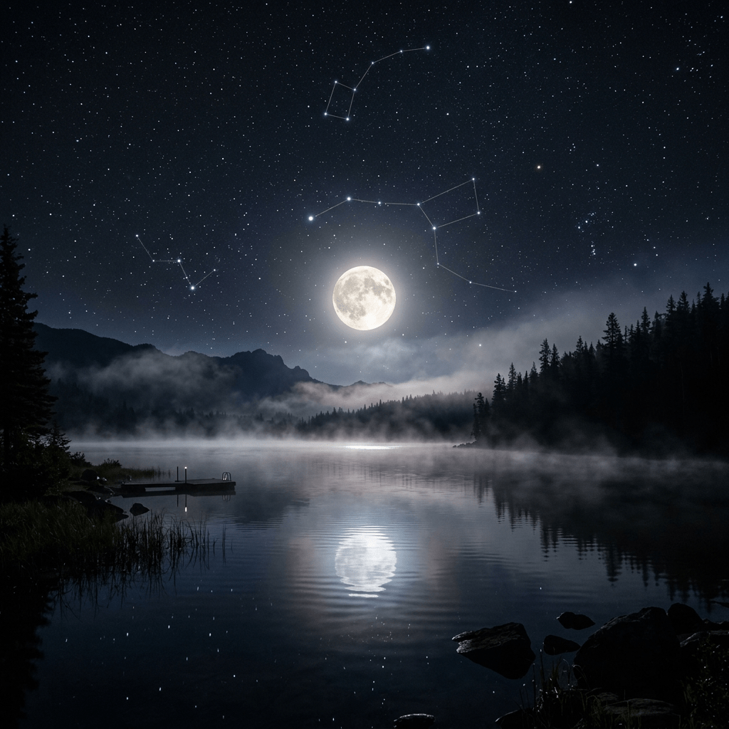 Full moon shining brightly over a calm lake with visible constellations in the night sky