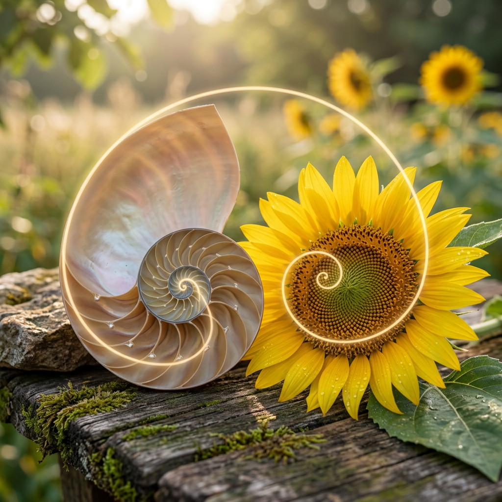 Nautilus shell and sunflower arranged to highlight golden spiral pattern