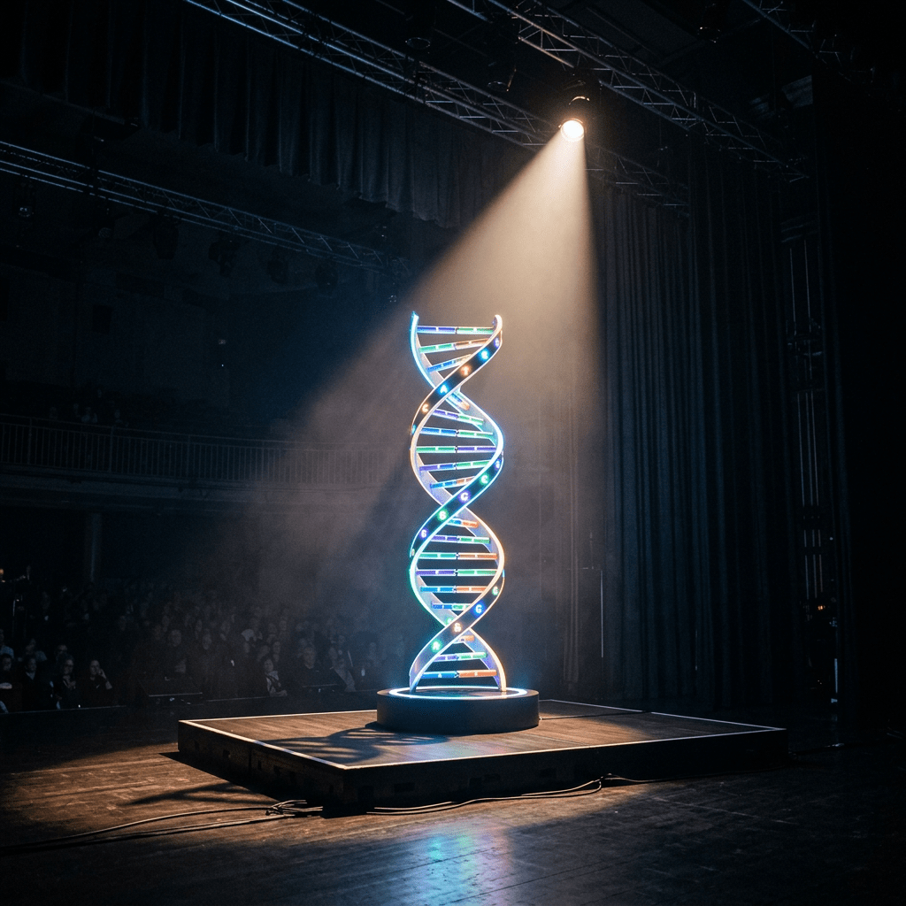 Colorful illuminated DNA double helix sculpture on stage under spotlight