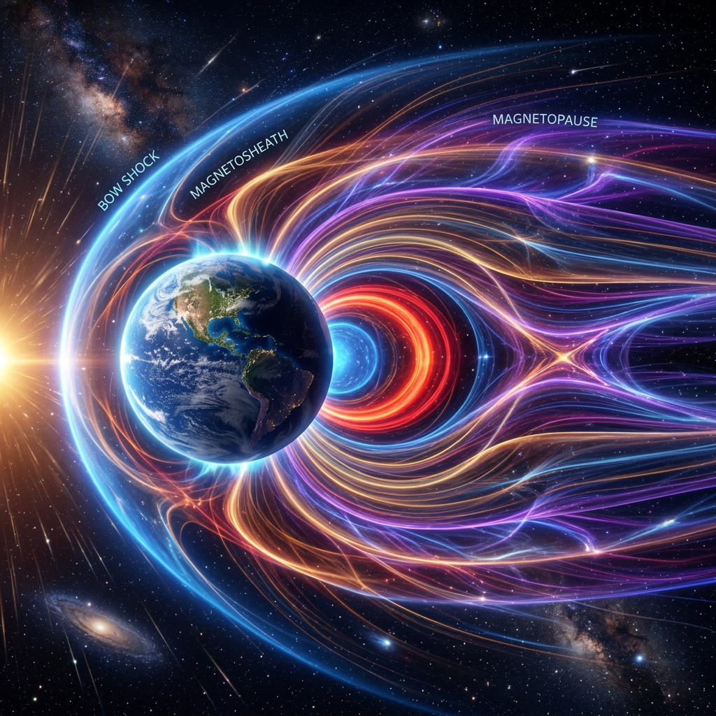 Earth surrounded by colorful magnetic field lines illustrating the bow shock, magnetosheath, and magnetopause in space