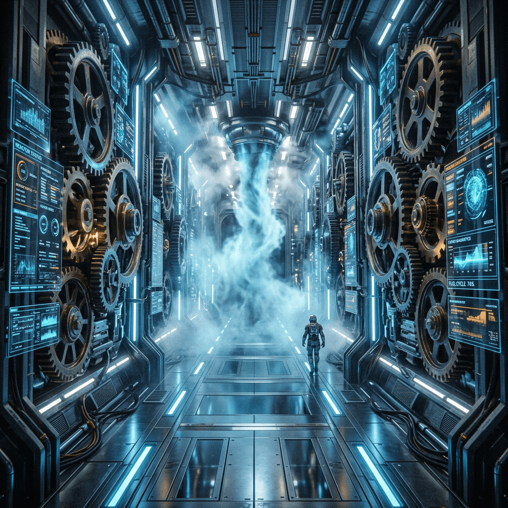 Astronaut walking in futuristic corridor with large gears and digital holographic panels