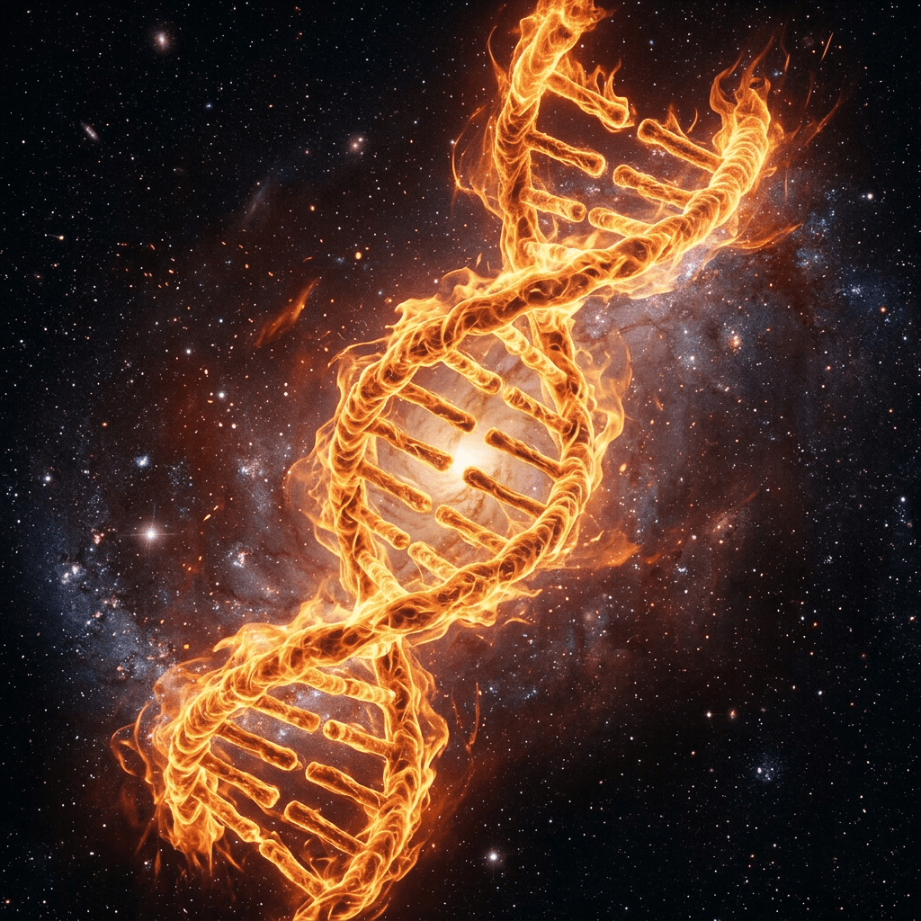Burning Star of David formed by bright flames against a galaxy background