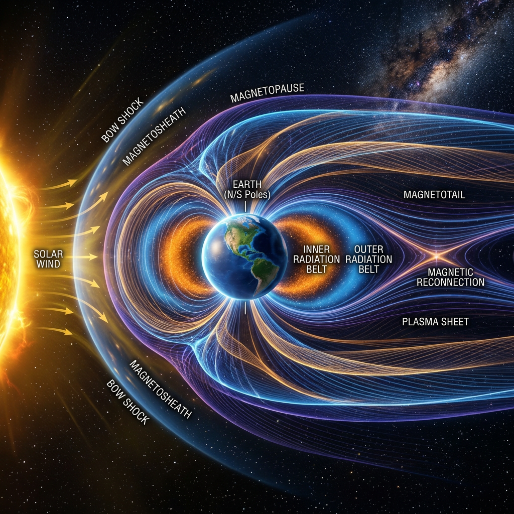 Diagram of Earth's magnetosphere with solar wind, radiation belts, and magnetotail labeled
