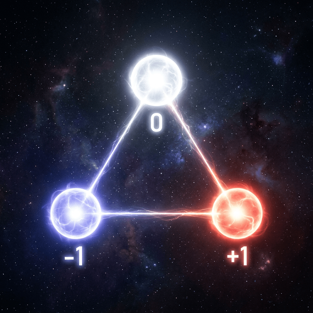 Three glowing spheres labeled -1, 0, and +1 connected by energy lines against a starry space background
