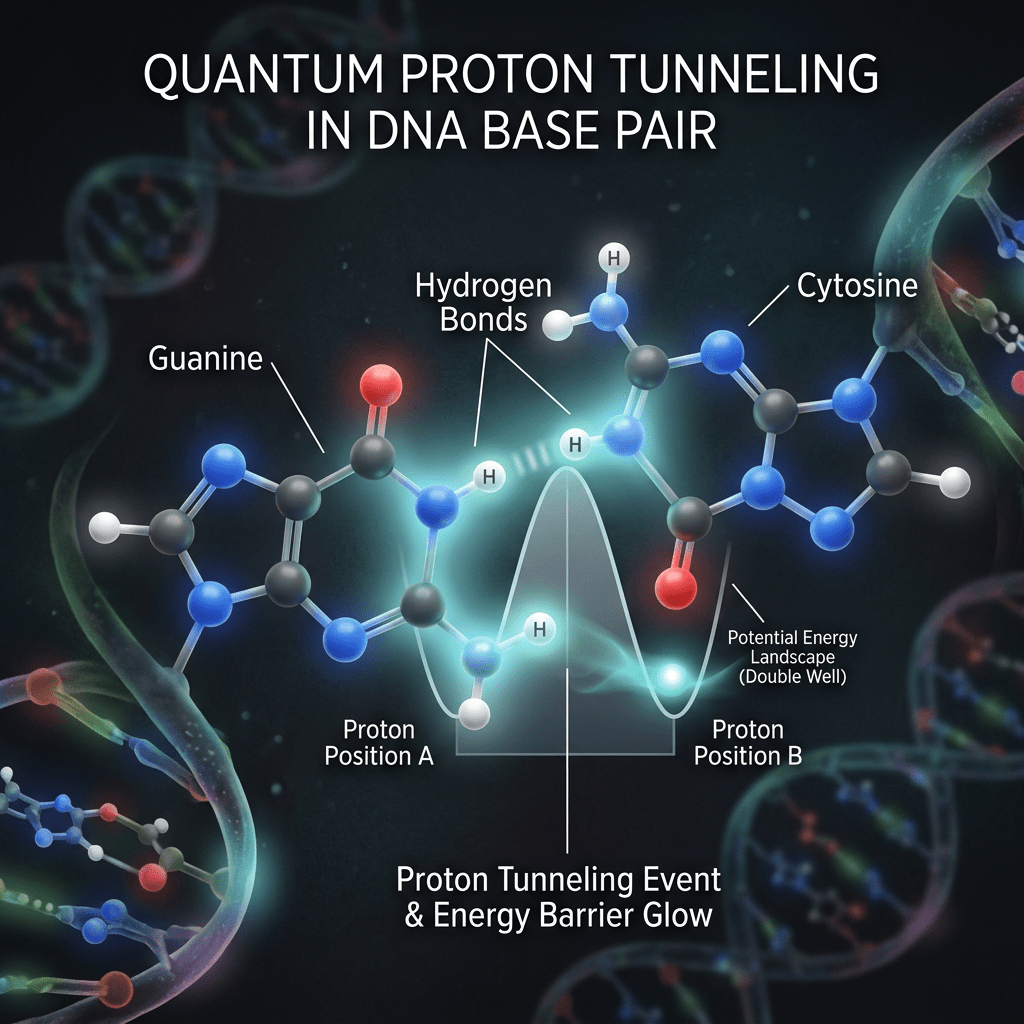 Molecular model of guanine and cytosine base pair showing quantum proton tunneling event with hydrogen bonds and energy barrier