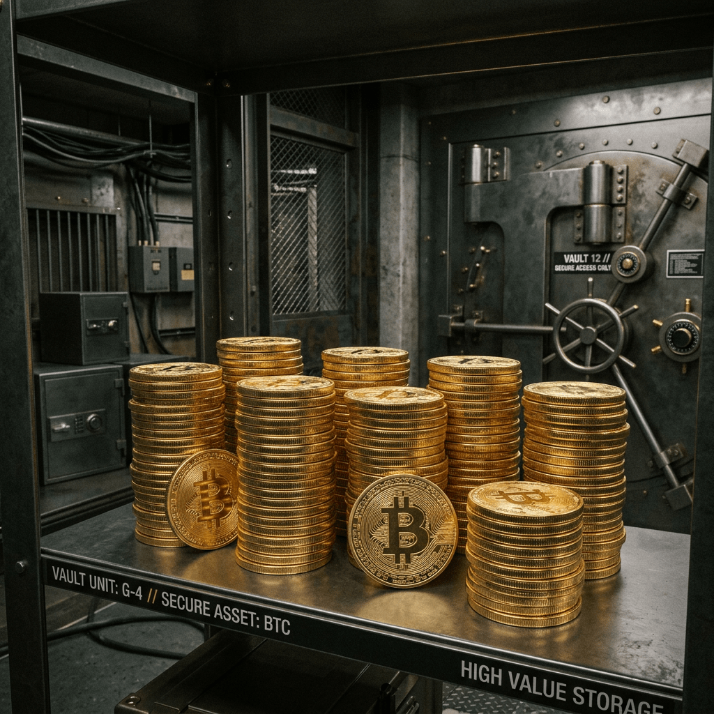Stacks of gold Bitcoin coins on a metal shelf inside a secure vault