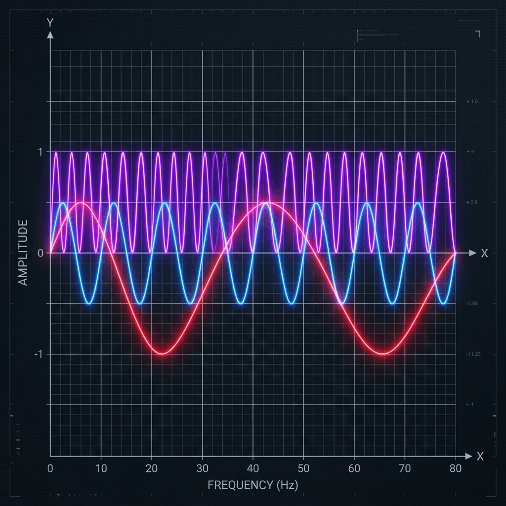 Graph showing red, blue, and purple sine waves plotted against frequency in Hertz and amplitude.