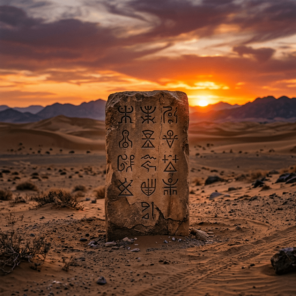 Stone tablet with ancient symbols in desert at sunset
