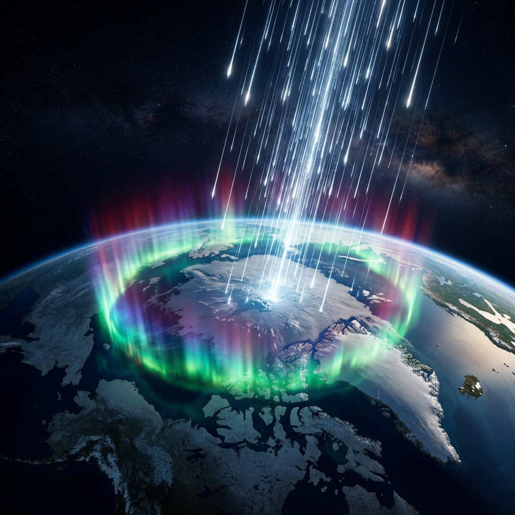 Aurora borealis over Arctic region with bright meteors streaking downward