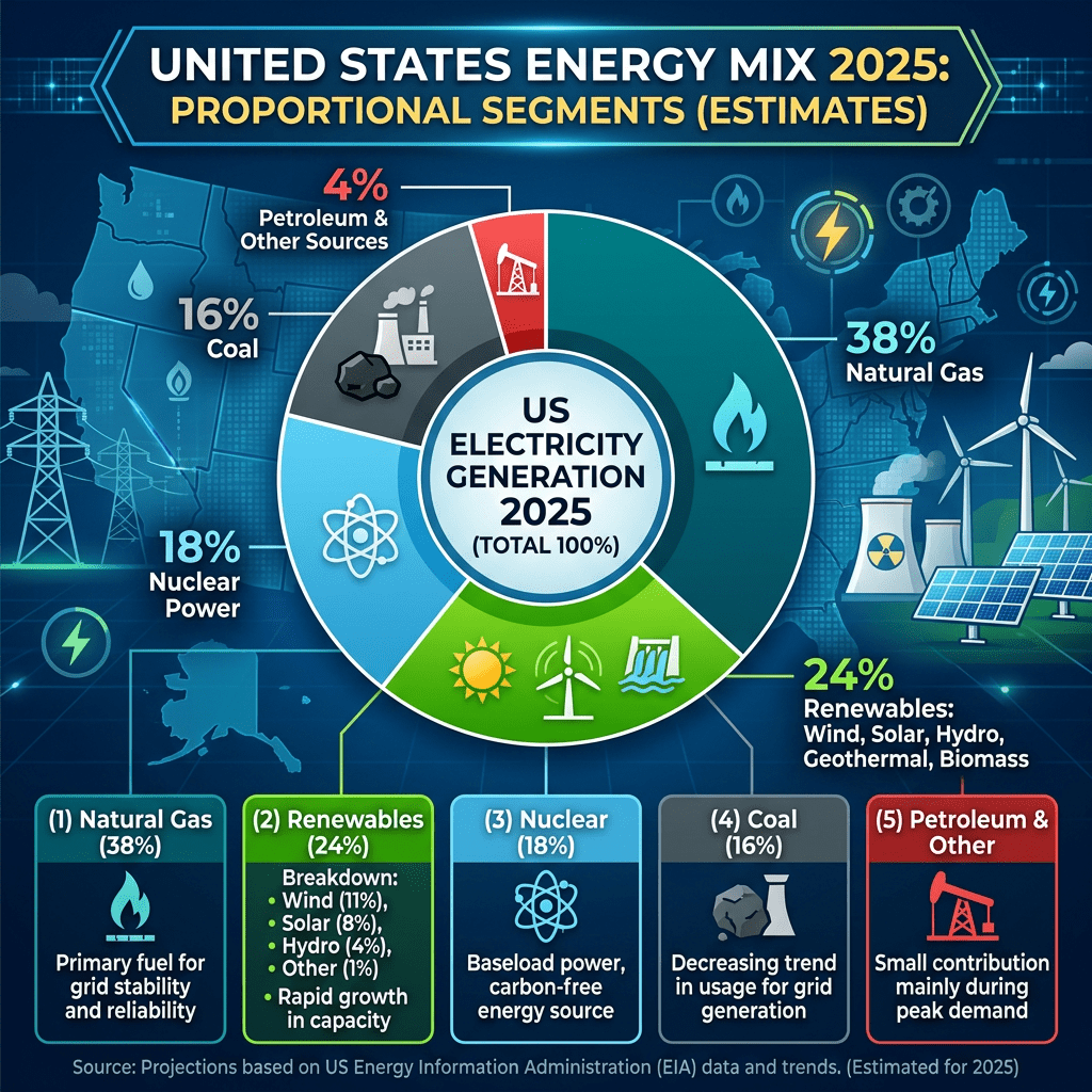 Pie chart showing US electricity generation estimates for 2025 with natural gas 38%, renewables 24%, nuclear 18%, coal 16%, and petroleum 4%.