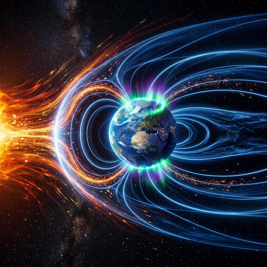 Earth surrounded by magnetic field lines deflecting solar wind particles