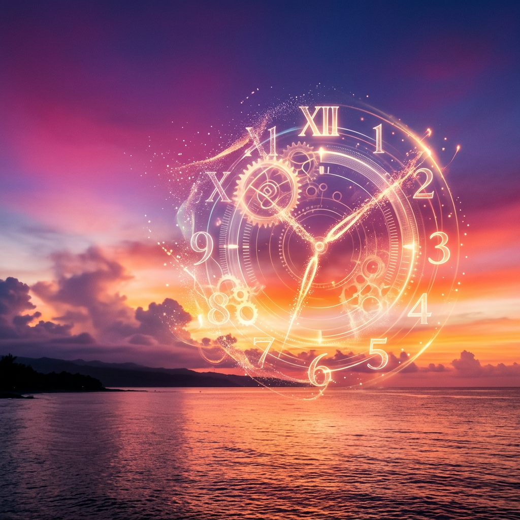 Glowing clock face with Roman numerals and gears superimposed on colorful sunset sky over ocean