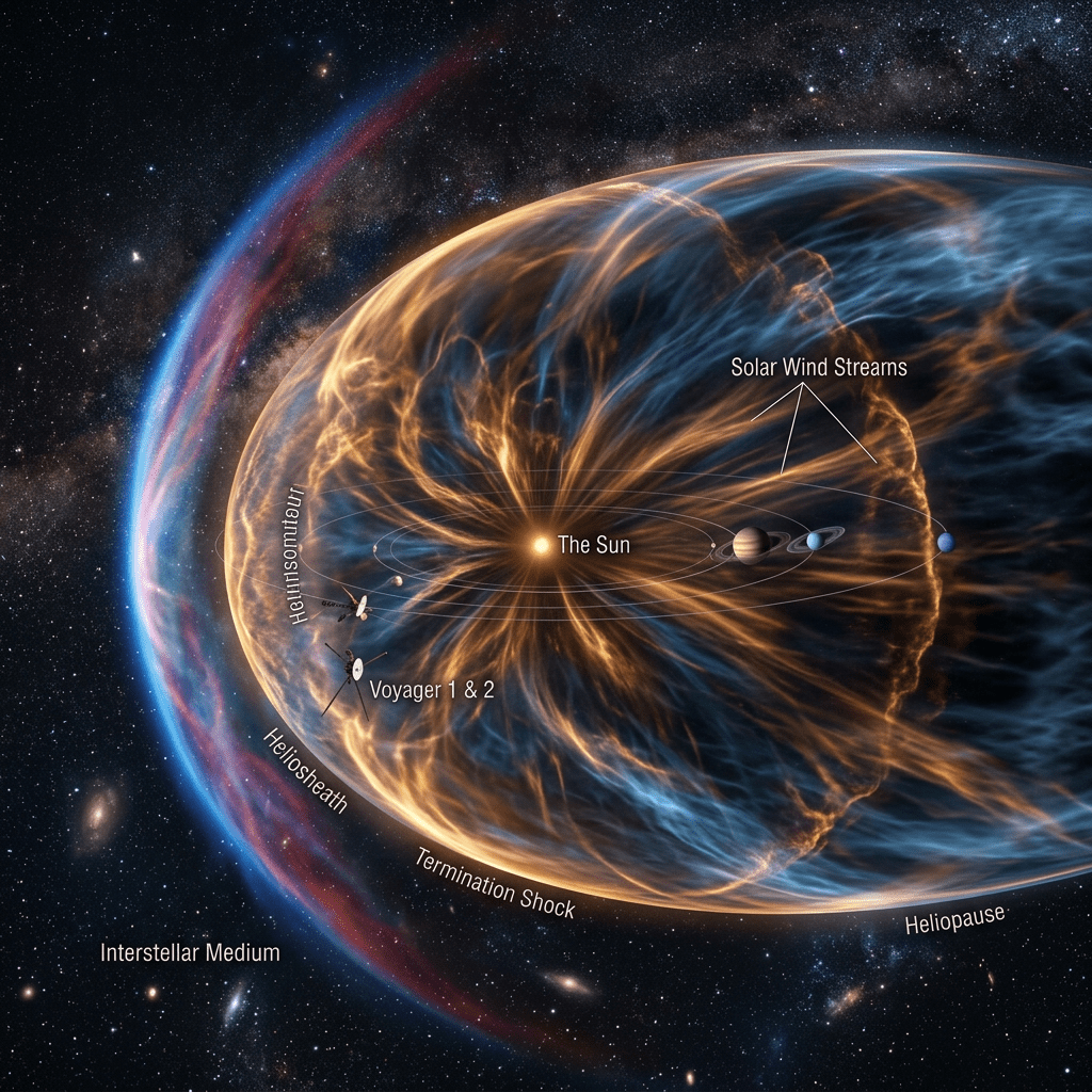 Diagram showing the Sun at the center with solar wind streams, Voyager 1 and 2 probes, and outer boundaries like the heliosphere, heliosheath, termination shock, and heliopause leading into interstellar medium.