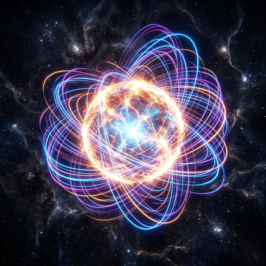 Glowing atomic nucleus with colorful energy orbitals against starry space background