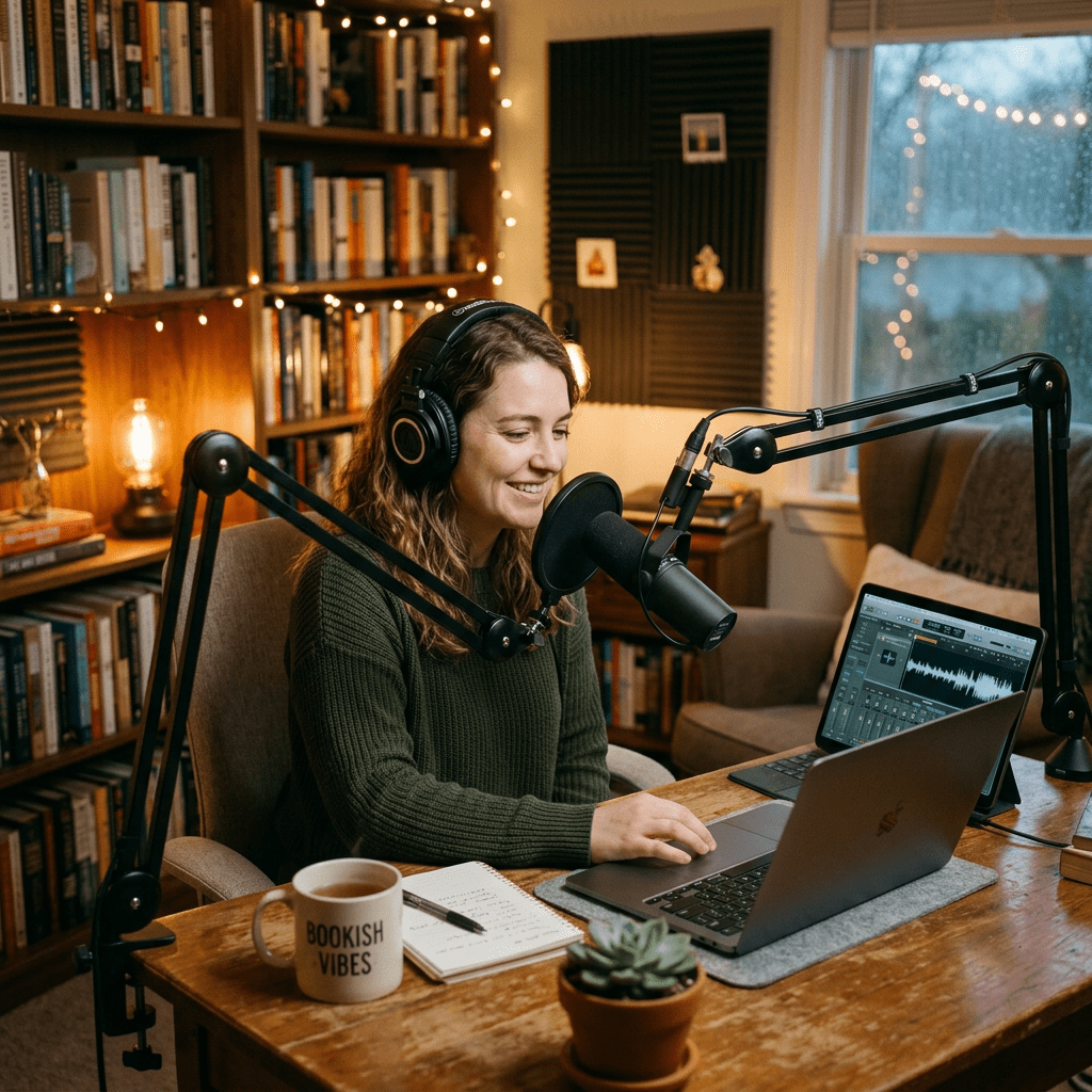 Woman wearing headphones speaking into a microphone in a home podcast studio