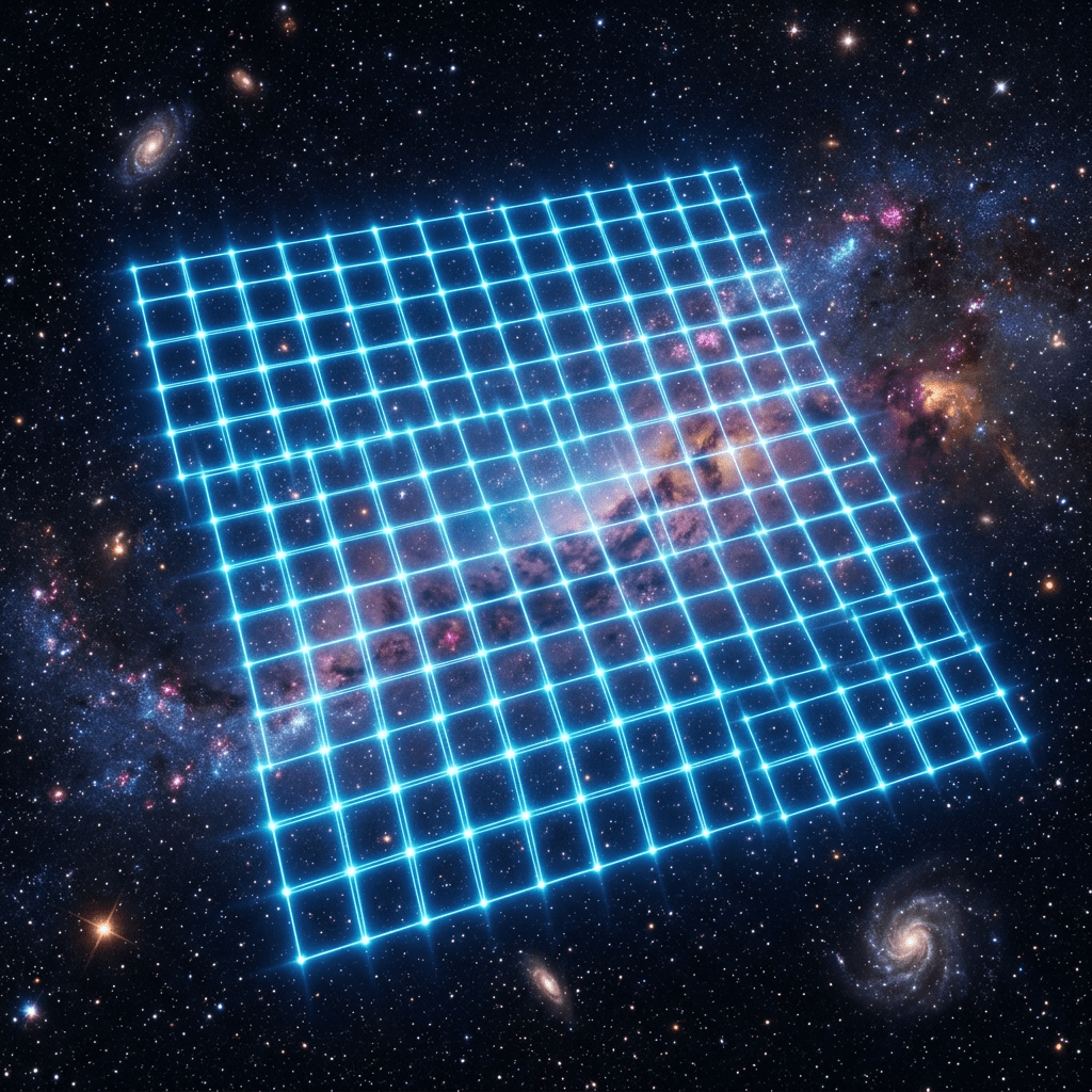 Blue glowing grid over a starry galaxy background representing spacetime curvature