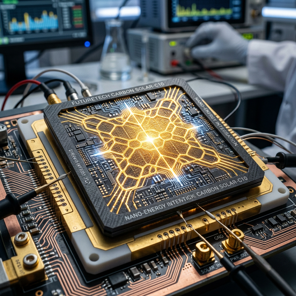Close-up of a futuristic carbon solar chip with glowing nano-energy circuits on a circuit board