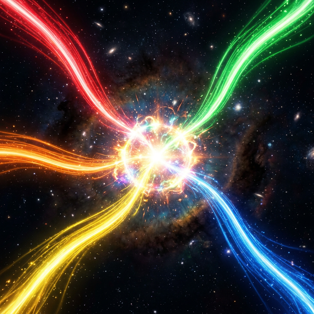 Bright multicolor energy streams converging in space with stars and galaxies
