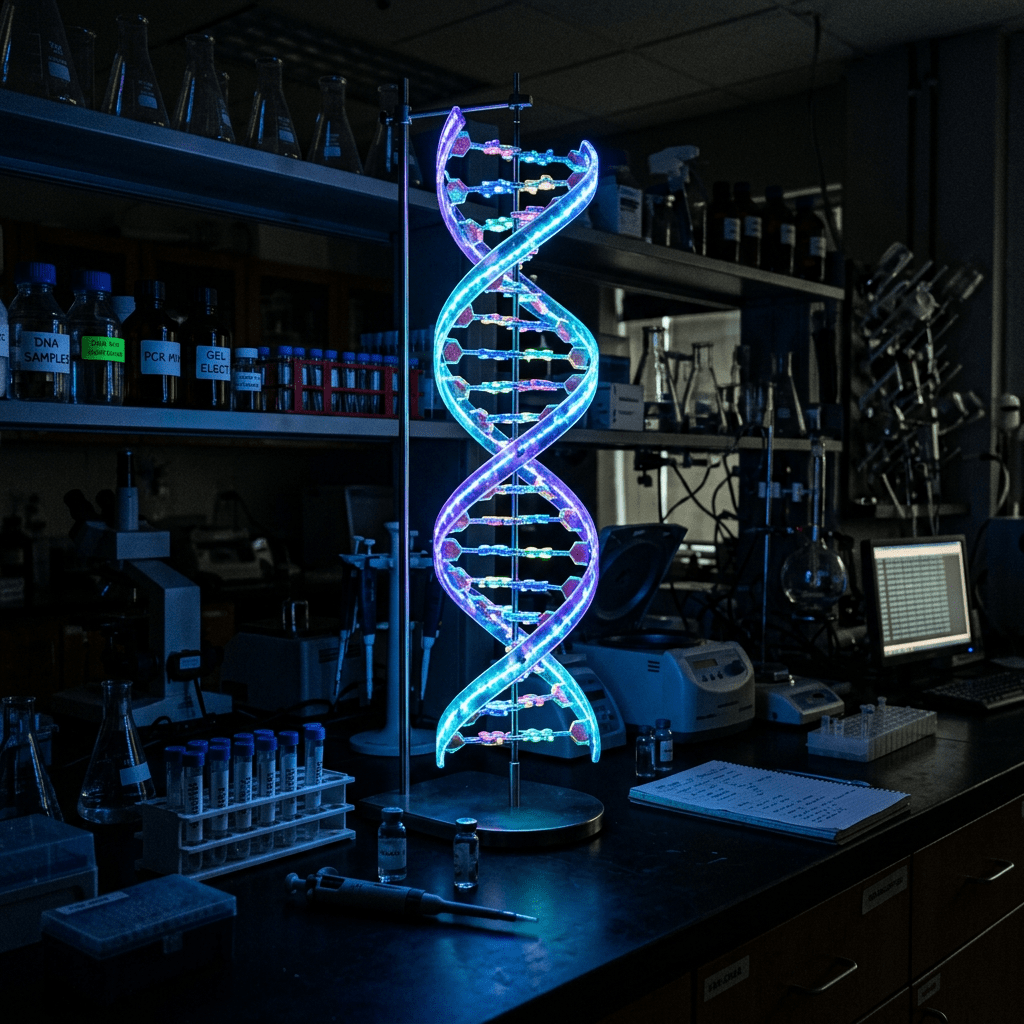 Glowing DNA double helix model on laboratory bench with scientific instruments