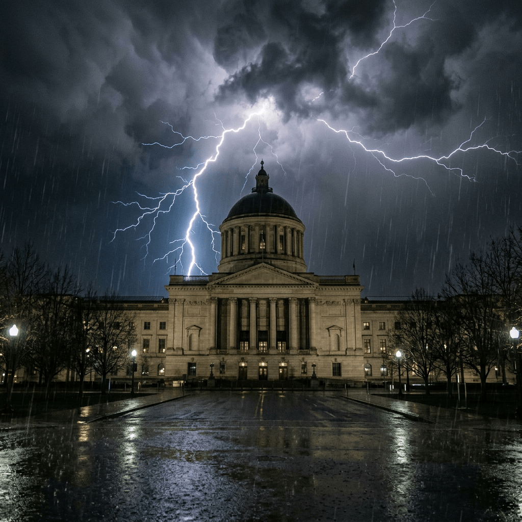 Capitol building illuminated by multiple lightning bolts in a stormy night with rain