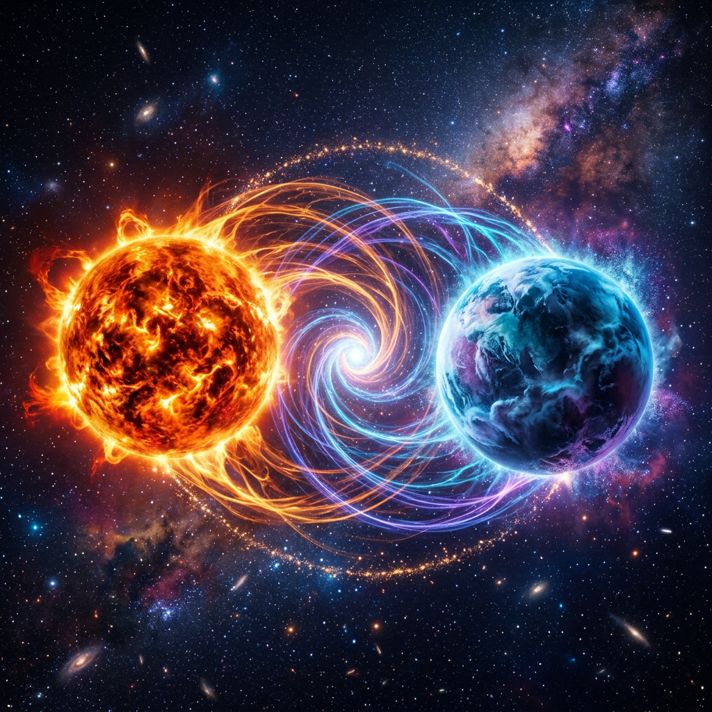 Sun on left and Earth on right connected by swirling magnetic field lines in space