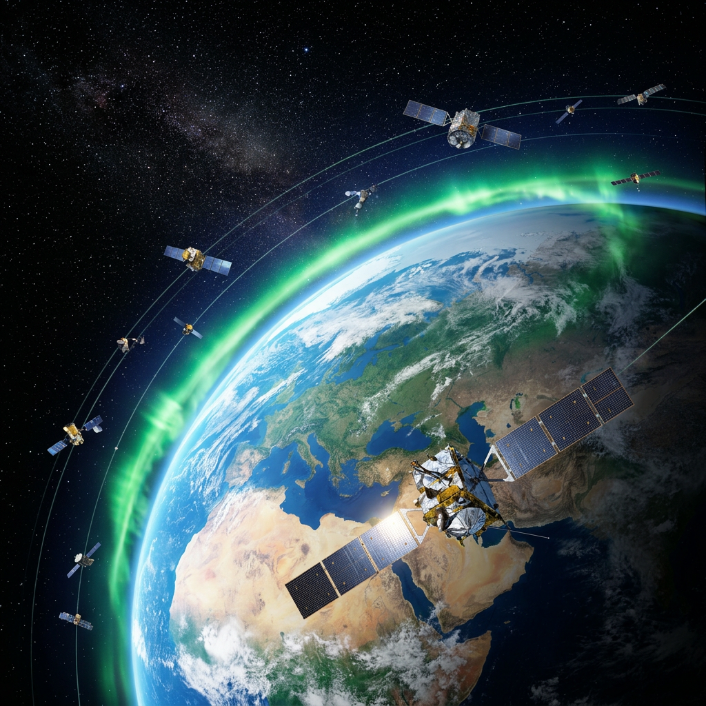 Satellites orbiting Earth against a backdrop of stars and northern lights