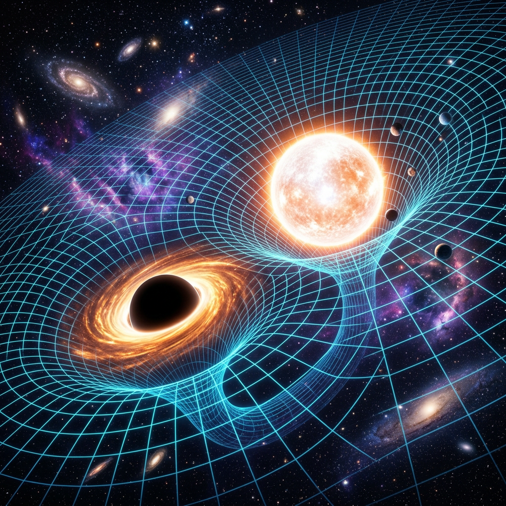 Black hole and star bending a grid representing spacetime with surrounding planets and galaxies.