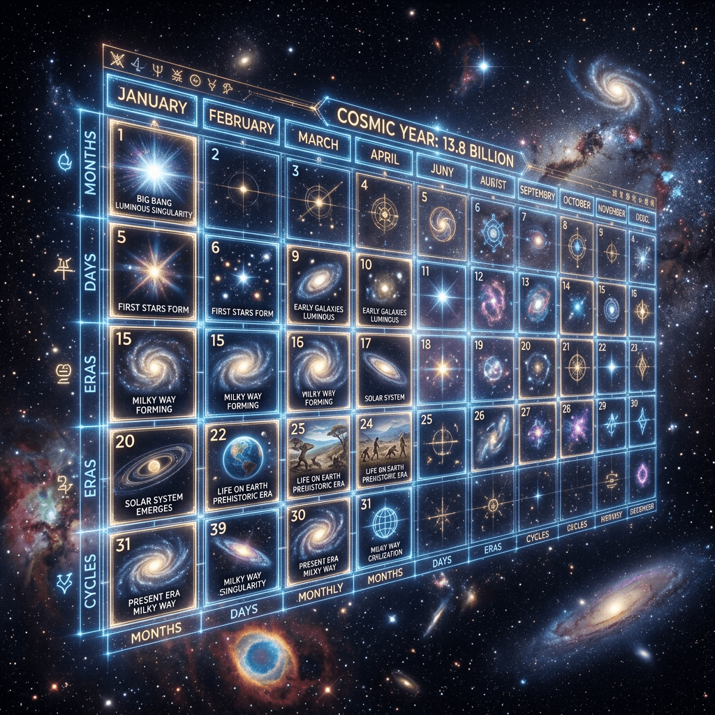Timeline chart showing significant cosmic events from Big Bang to Milky Way civilization over 13.8 billion years.