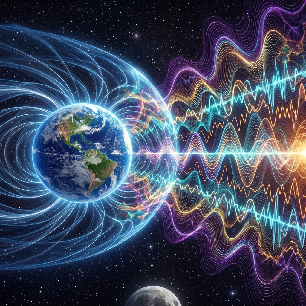 Earth surrounded by magnetic field lines with vibrant electromagnetic waves emitting outward