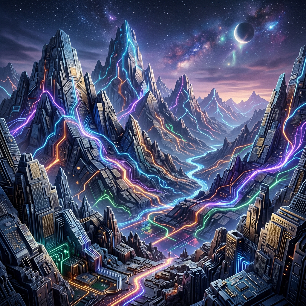 Mountainous terrain integrated with neon circuit patterns and a glowing river under a starry night sky with planets