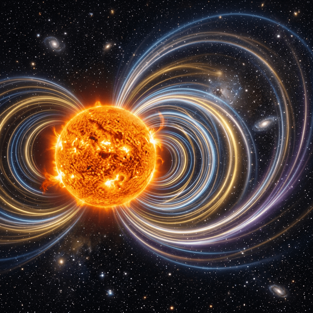 Sun with glowing magnetic field lines extending outward in space