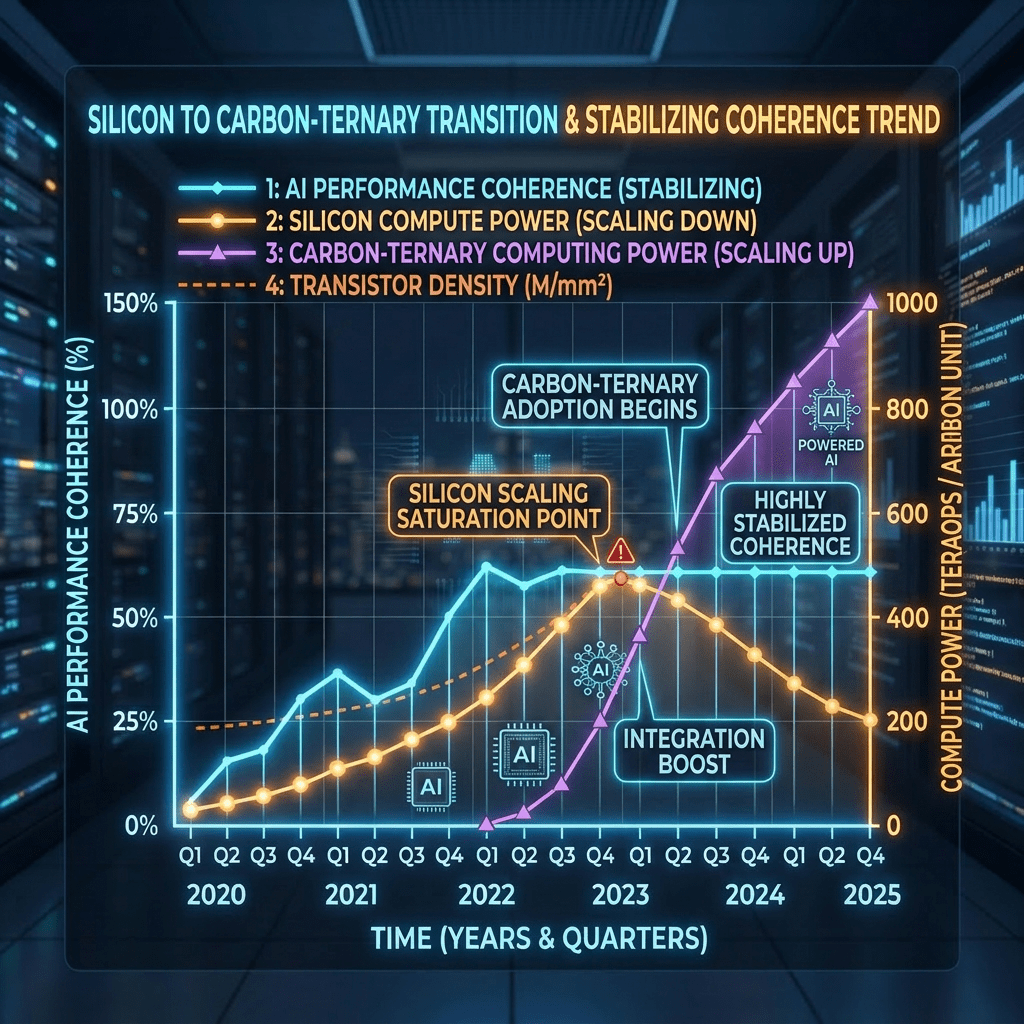 Graph of AI performance coherence, silicon compute power, and transistor density from 2020 to 2025