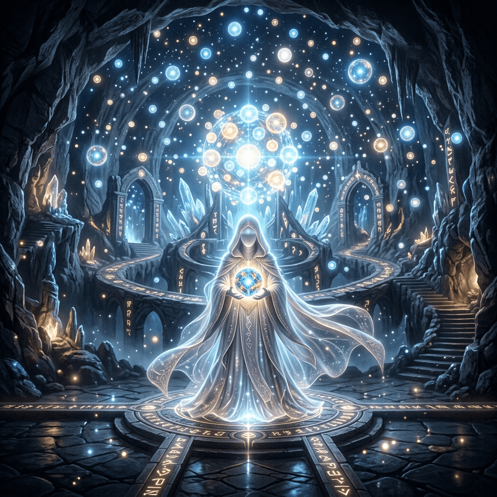 A hooded figure in robes holding a radiant orb surrounded by magical symbols and floating lights in a cavern