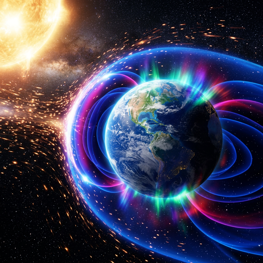 Earth surrounded by magnetic field lines with colorful auroras and solar wind from the sun