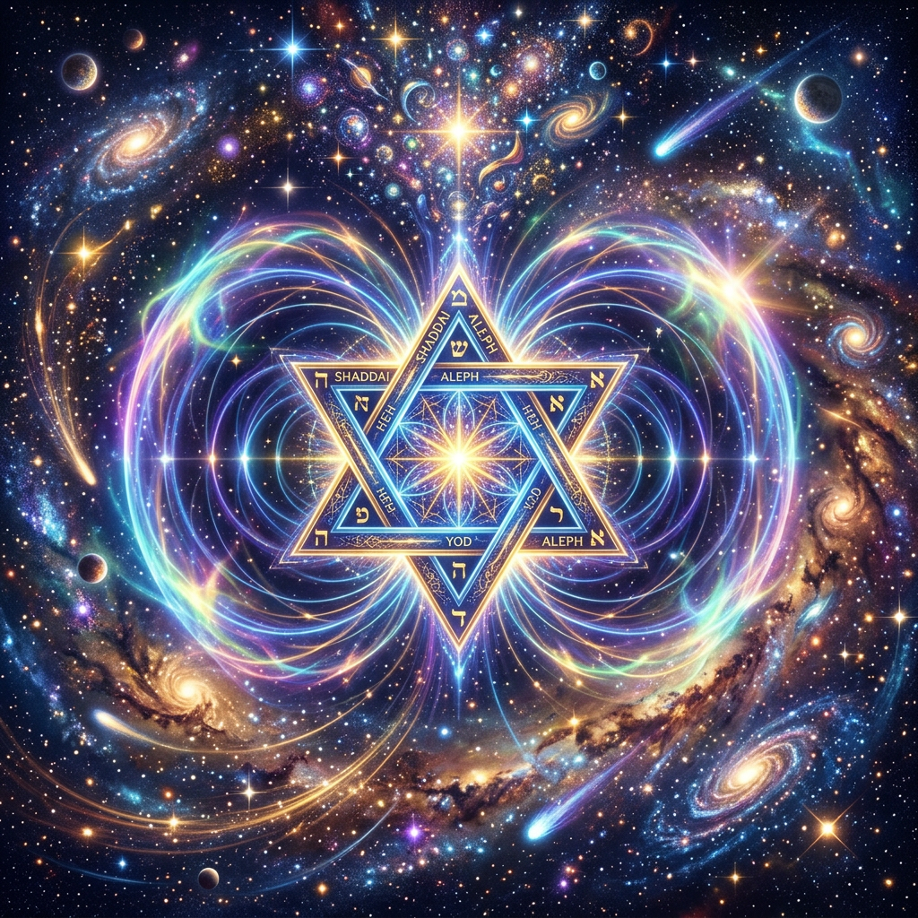 Cosmic abundance with hexagram and glowing magnetosphere