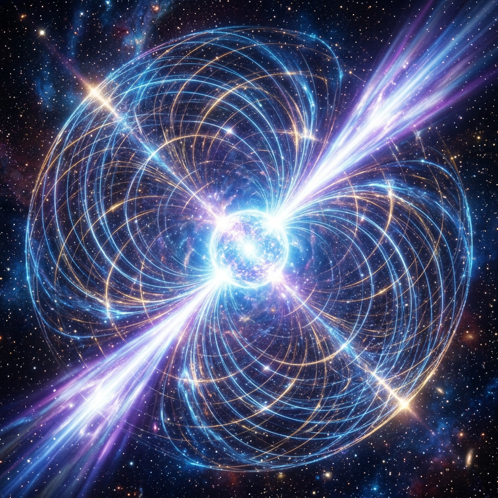 A pulsar emitting beams of energy along curved magnetic field lines in a star-filled space environment