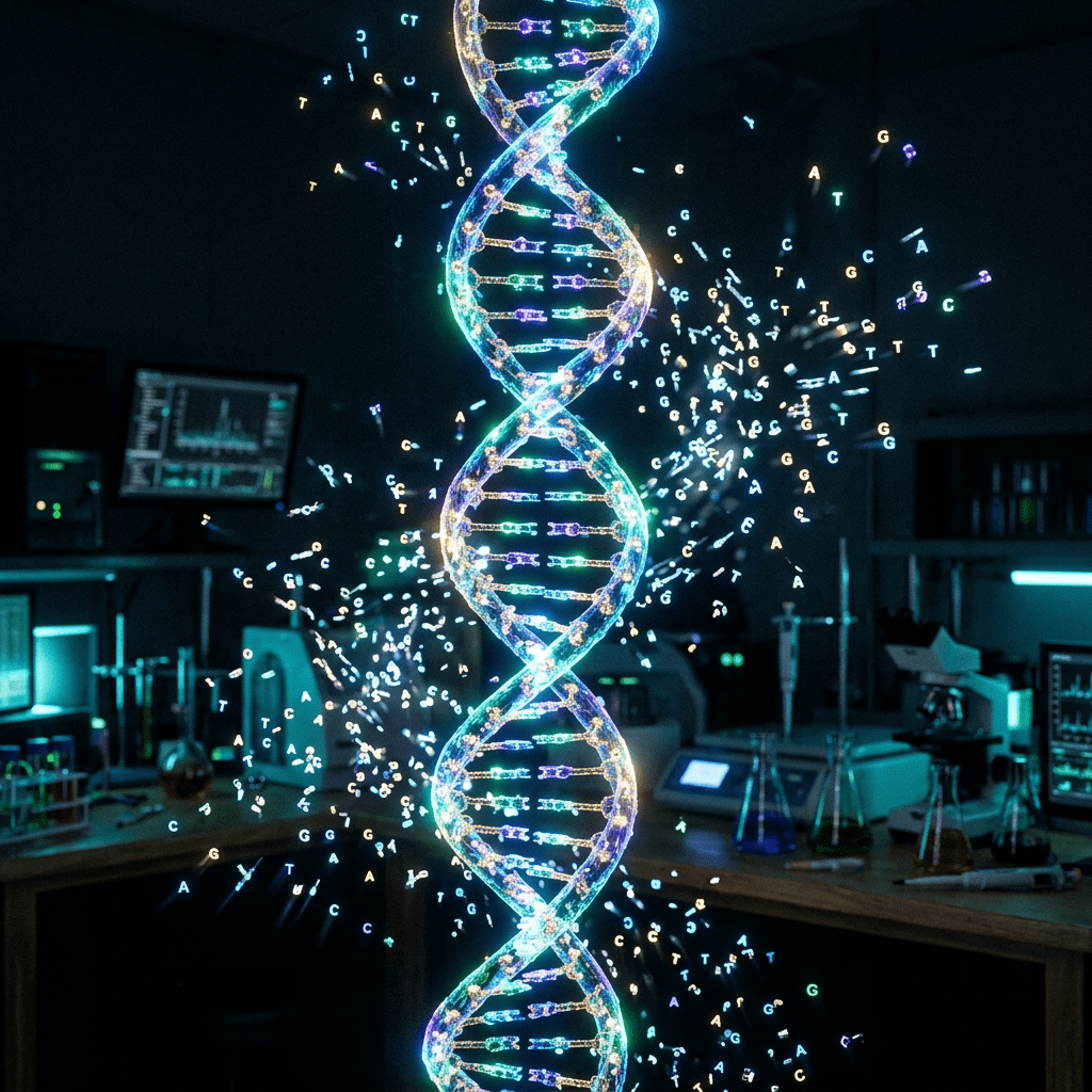 Glowing DNA double helix with scattered letters A T C G in a laboratory setting