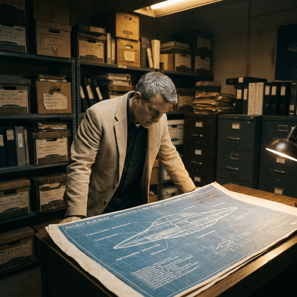 Man leaning over table examining Project Blue Book UFO blueprint in archive