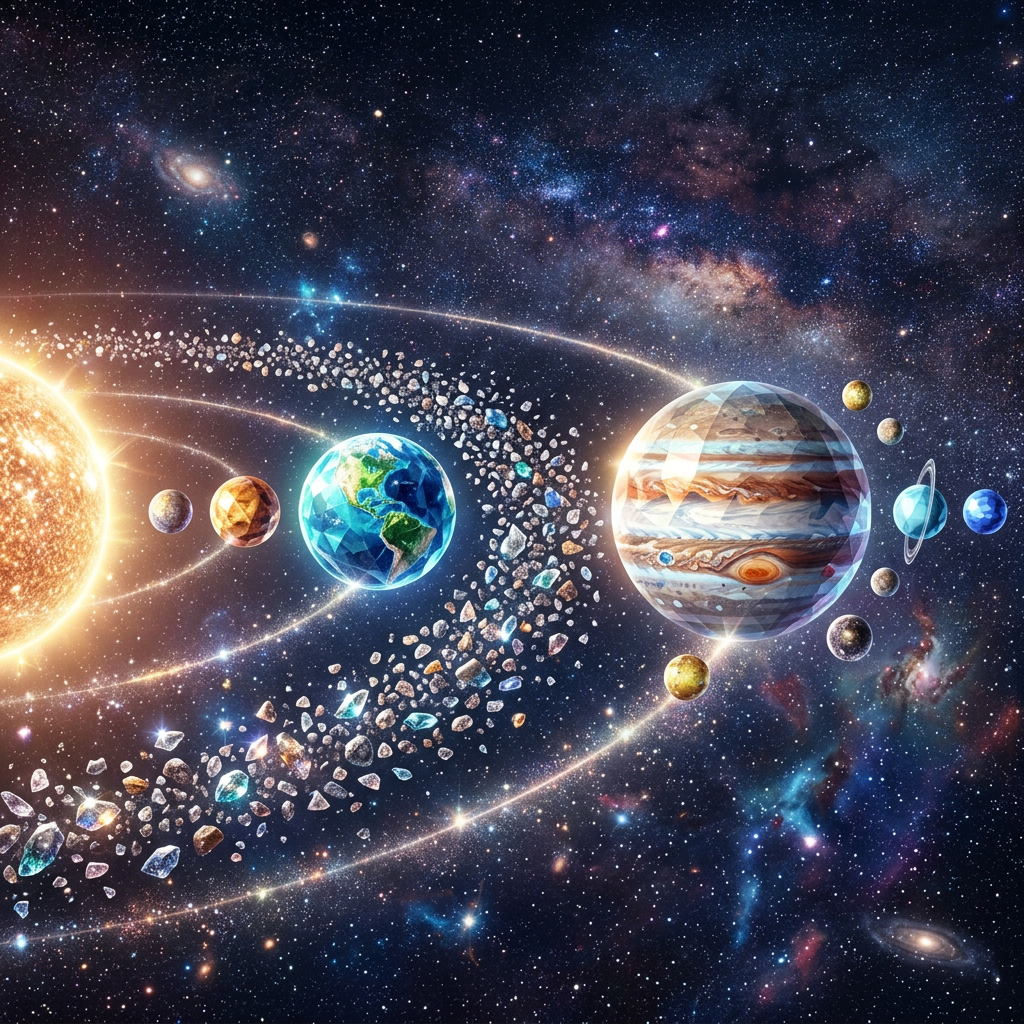 Polygonal style solar system showing the sun, planets, and asteroid belt in space