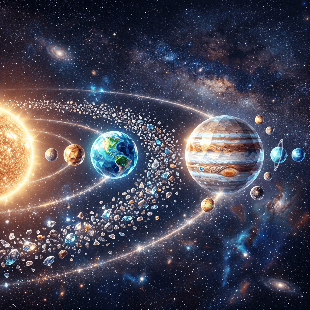 Polygonal style solar system showing the sun, planets, and asteroid belt in space