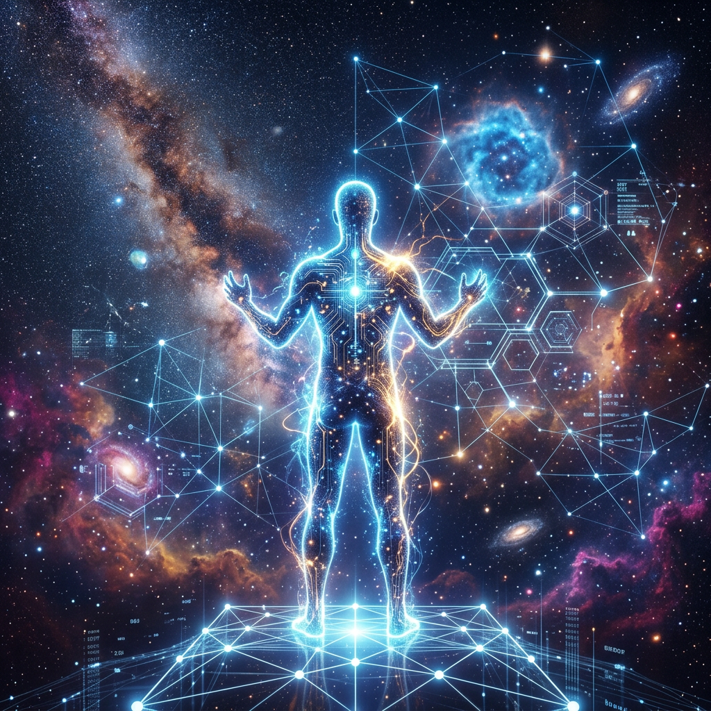 Glowing human figure with digital neural circuits and cosmic background of galaxies and stars